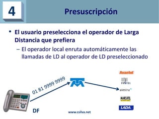 Presuscripción
• El usuario preselecciona el operador de Larga
Distancia que prefiera
– El operador local enruta automátic...