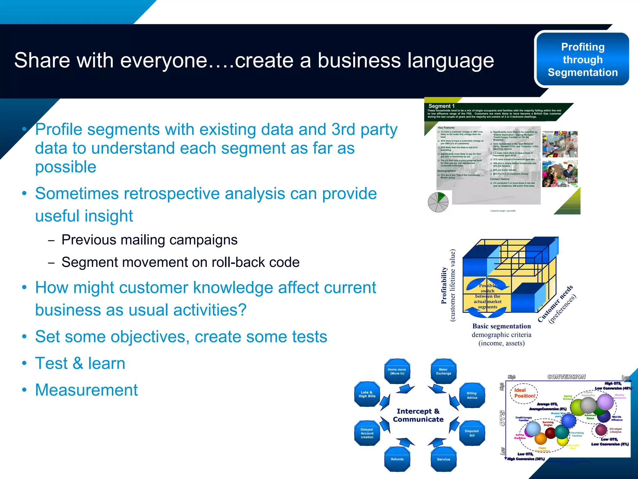 Profile segments with existing data and 3rd party data to understand each segment as far as possible Sometimes retrospective analysis can provide useful insight Previous mailing campaigns Segment movement on roll-back code How might customer knowledge affect current business as usual activities? Set some objectives, create some tests Test & learn Measurement Share with everyone….create a business language Profiting through Segmentation Basic segmentation demographic criteria (income, assets) Customer needs  (preferences) Profitability (customer lifetime value) Possible switch between the actual market segments 