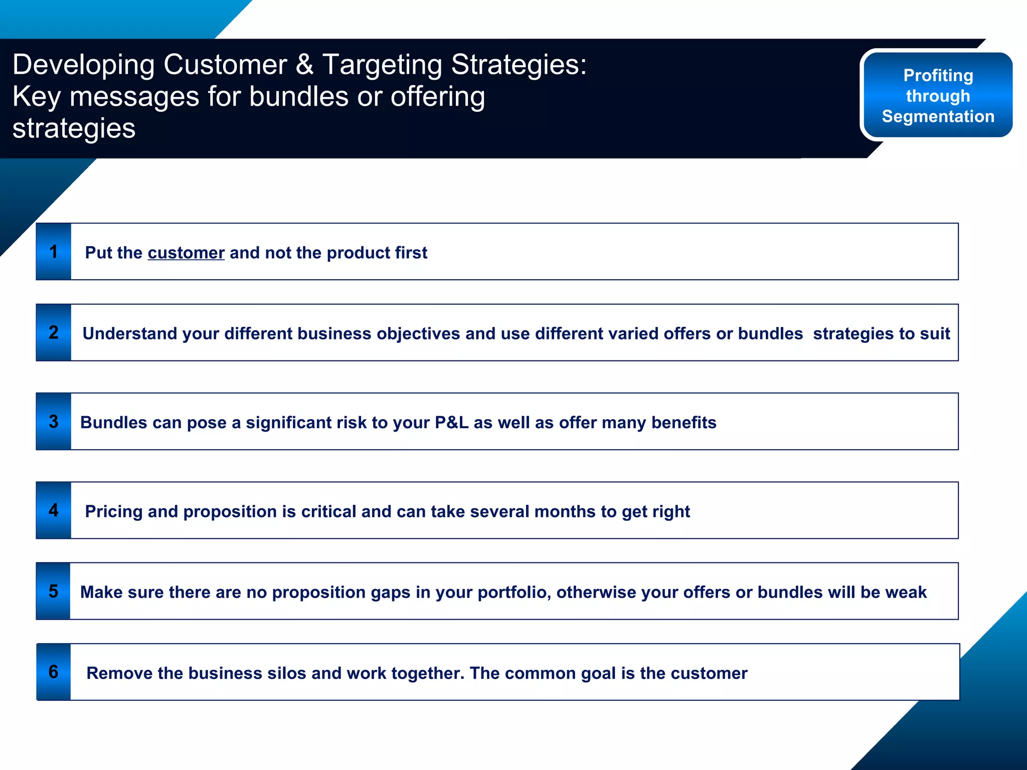 Developing Customer & Targeting Strategies: Key messages for bundles or offering strategies Put the  customer  and not the product first Pricing and proposition is critical and can take several months to get right Make sure there are no proposition gaps in your portfolio, otherwise your offers or bundles will be weak Remove the business silos and work together. The common goal is the customer Bundles can pose a significant risk to your P&L as well as offer many benefits  Understand your different business objectives and use different varied offers or bundles  strategies to suit 1 2 3 4 5 6 Profiting through Segmentation 