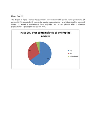 Figure Four (4)
The diagram in figure 4 depicts the respondent’s answers to the 18th
question on the questionnaire. 25
persons (65 %) responded with a yes to the question meaning that they have indeed thought or attempted
suicide. 12 persons ( approximately 30%) responded “no” to the question while 2 individuals
(approximately 5 percent) left the question blank.
65
30
5
Have you ever contemplated or attempted
suicide?
Yes
No
Unanswered
 