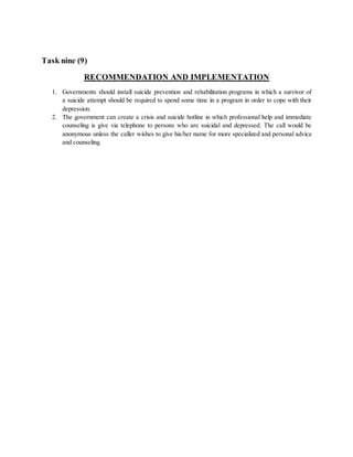 Task nine (9)
RECOMMENDATION AND IMPLEMENTATION
1. Governments should install suicide prevention and rehabilitation programs in which a survivor of
a suicide attempt should be required to spend some time in a program in order to cope with their
depression.
2. The government can create a crisis and suicide hotline in which professional help and immediate
counseling is give via telephone to persons who are suicidal and depressed. The call would be
anonymous unless the caller wishes to give his/her name for more specialized and personal advice
and counseling.
 