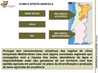 CONFERÊNCIASDEALJUSTREL,2014.03.31
INFLUÊNCIA
ATLÂNTICA
INFLUÊNCIA
MEDITERRÂNEA
BONS SOLOS
ÁGUA
SOL
Portugal tem características climáticas das regiões de clima
temperado Mediterrâneo mas com alguns contrastes regionais que
conjugados com a riqueza dos solos, abundância de água e
disponibilidade solar são geradores de um território com boa
aptidão agrícola em particular no plano da diversificação e produção
de bens agrícolas de excelência
CLIMA E OFERTA AGRICOLA
 
