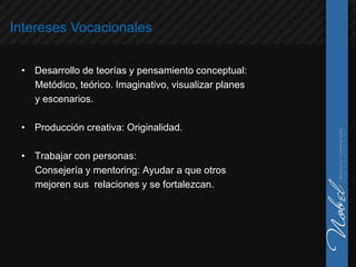 Intereses Vocacionales


 • Desarrollo de teorías y pensamiento conceptual:
   Metódico, teórico. Imaginativo, visualizar planes
   y escenarios.

 • Producción creativa: Originalidad.

 • Trabajar con personas:
   Consejería y mentoring: Ayudar a que otros
   mejoren sus relaciones y se fortalezcan.
 