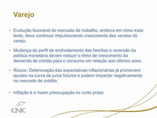 8

Varejo
• Evolução favorável do mercado de trabalho, embora em ritmo mais
lento, deve continuar impulsionando crescimento das vendas do
varejo.
• Mudança do perfil de endividamento das famílias e reversão da
política monetária devem reduzir o ritmo de crescimento da
demanda de crédito para o consumo em relação aos últimos anos.
• Riscos: Deterioração das expectativas inflacionárias já promovem
ajustes na curva de juros futuros e podem impactar negativamente
no mercado de crédito.
• Inflação é a maior preocupação no curto prazo

 