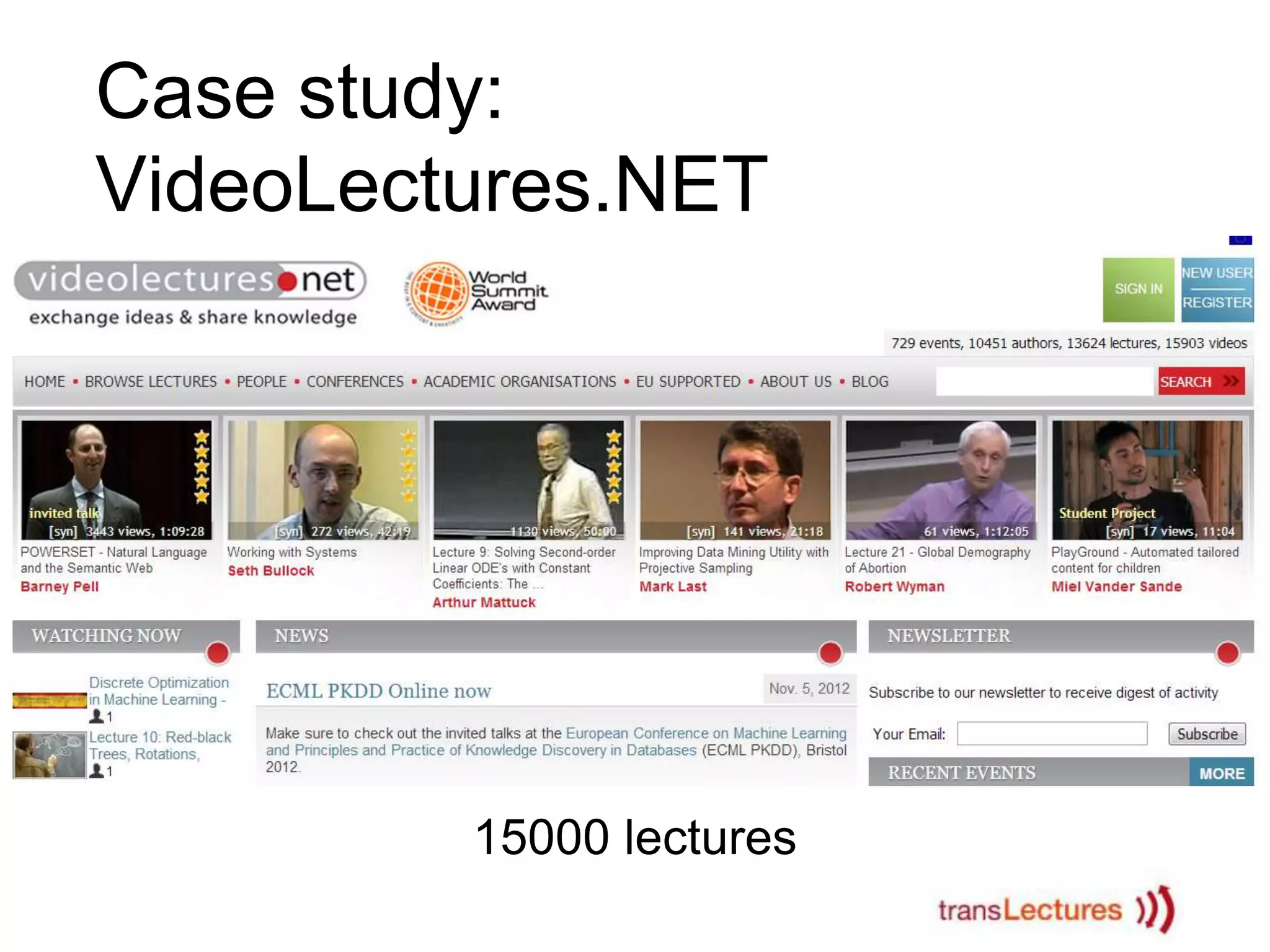 Case study:
VideoLectures.NET

15000 lectures

 