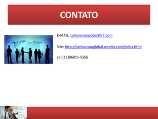 CONTATO
E-MAIL: carlosvisaoglobal@r7.com
Site: http://carlosvisaoglobal.weebly.com/index.html
cel.(11)96011-5356
 