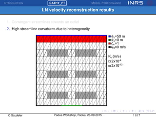 INTRODUCTION
£
¢
 
¡CATHY_FT MODEL PERFORMANCE
LN velocity reconstruction results
1. Convergent streamlines towards an outlet
2. High streamline curvatures due to heterogeneity
D=50 m
D=0 m
qN=0 m/s
cin =1
Ks (m/s)
2x10-4
2x10-12
C Scudeler Padua Workshop, Padua, 23-09-2015 11/17
 