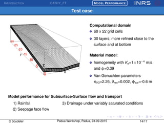 INTRODUCTION CATHY_FT
£
¢
 
¡MODEL PERFORMANCE
Test case
Computational domain
60 x 22 grid cells
30 layers; more reﬁned close to the
surface and at bottom
Material model:
homogeneity with Ks=1×10−4
m/s
and φ=0.39
Van Genuchten parameters
nVG=2.26, θres=0.002, ψsat =-0.6 m
Model performance for Subsurface-Surface ﬂow and transport
1) Rainfall
2) Seepage face ﬂow
3) Drainage under variably saturated conditions
C Scudeler Padua Workshop, Padua, 23-09-2015 14/17
 
