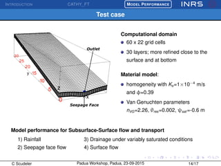 INTRODUCTION CATHY_FT
£
¢
 
¡MODEL PERFORMANCE
Test case
Seepage Face
Outlet
Computational domain
60 x 22 grid cells
30 layers; more reﬁned close to the
surface and at bottom
Material model:
homogeneity with Ks=1×10−4
m/s
and φ=0.39
Van Genuchten parameters
nVG=2.26, θres=0.002, ψsat =-0.6 m
Model performance for Subsurface-Surface ﬂow and transport
1) Rainfall
2) Seepage face ﬂow
3) Drainage under variably saturated conditions
4) Surface ﬂow
C Scudeler Padua Workshop, Padua, 23-09-2015 14/17
 