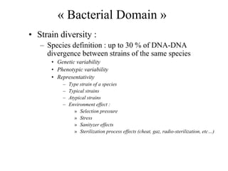 « Bacterial Domain »
• Strain diversity :
– Species definition : up to 30 % of DNA-DNA
divergence between strains of the same species
• Genetic variability
• Phenotypic variability
• Representativity
– Type strain of a species
– Typical strains
– Atypical strains
– Environment effect :
» Selection pressure
» Stress
» Sanityzer effects
» Sterilization process effects (cheat, gaz, radio-sterilization, etc…)
 