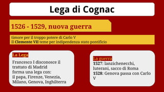 La guerra
1527: lanzichenecchi,
luterani, sacco di Roma
1528: Genova passa con Carlo
V
La Lega
Francesco I disconosce il
trattato di Madrid
forma una lega con:
il papa, Firenze, Venezia,
Milano, Genova, Inghilterra
Lega di Cognac
1526 - 1529, nuova guerra
timore per il troppo potere di Carlo V
Il Clemente VII teme per indipendenza stato pontificio
 
