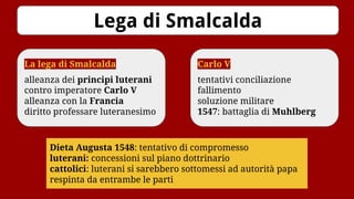 Lega di Smalcalda
La lega di Smalcalda
alleanza dei principi luterani
contro imperatore Carlo V
alleanza con la Francia
diritto professare luteranesimo
Carlo V
tentativi conciliazione
fallimento
soluzione militare
1547: battaglia di Muhlberg
Dieta Augusta 1548: tentativo di compromesso
luterani: concessioni sul piano dottrinario
cattolici: luterani si sarebbero sottomessi ad autorità papa
respinta da entrambe le parti
 