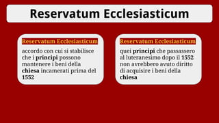 Reservatum Ecclesiasticum
Reservatum Ecclesiasticum
accordo con cui si stabilisce
che i principi possono
mantenere i beni della
chiesa incamerati prima del
1552
Reservatum Ecclesiasticum
quei principi che passassero
al luteranesimo dopo il 1552
non avrebbero avuto diritto
di acquisire i beni della
chiesa
 