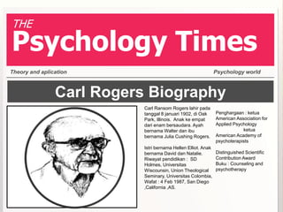 THE 
Psychology Times 
Theory and aplication Psychology world 
Carl Rogers Biography 
Penghargaan : ketua 
American Association for 
Applied Psychology 
ketua 
American Academy of 
psychoterapists 
Distinguished Scientific 
Contribution Award 
Buku : Counseling and 
psychotherapy 
Carl Ransom Rogers lahir pada 
tanggal 8 januari 1902, di Oak 
Park, Illinois. Anak ke empat 
dari enam bersaudara. Ayah 
bernama Walter dan ibu 
bernama Julia Cushing Rogers. 
Istri bernama Hellen Elliot. Anak 
bernama David dan Natalie. 
Riwayat pendidikan : SD 
Holmes, Universitas 
Wiscounsin, Union Theological 
Seminary, Universitas Colombia, 
Wafat : 4 Feb 1987, San Diego 
,California ,AS. 
 