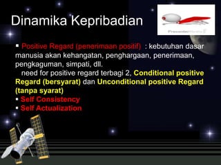 Dinamika Kepribadian 
 Positive Regard (penerimaan positif) : kebutuhan dasar 
manusia akan kehangatan, penghargaan, penerimaan, 
pengkaguman, simpati, dll. 
need for positive regard terbagi 2, Conditional positive 
Regard (bersyarat) dan Unconditional positive Regard 
(tanpa syarat) 
 Self Consistency 
 Self Actualization 
 