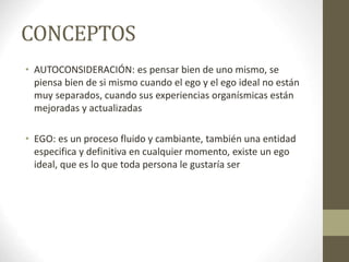 CONCEPTOS
• AUTOCONSIDERACIÓN: es pensar bien de uno mismo, se
piensa bien de si mismo cuando el ego y el ego ideal no están
muy separados, cuando sus experiencias organísmicas están
mejoradas y actualizadas
• EGO: es un proceso fluido y cambiante, también una entidad
especifica y definitiva en cualquier momento, existe un ego
ideal, que es lo que toda persona le gustaría ser
 