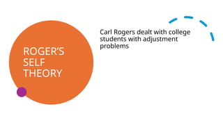 ROGER’S
SELF
THEORY
Carl Rogers dealt with college
students with adjustment
problems
 