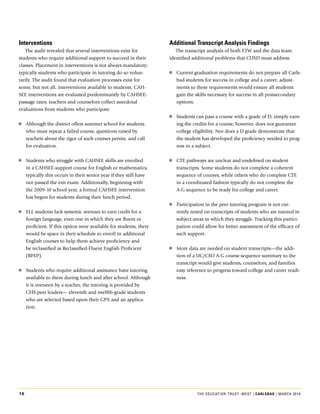 interventions                                                       additional transcript analysis Findings
   The.audit.revealed.that.several.interventions.exist.for.            The.transcript.analysis.of.both.ETW.and.the.data.team.
students.who.require.additional.support.to.succeed.in.their.        identified.additional.problems.that.CUSD.must.address.
classes..Placement.in.interventions.is.not.always.mandatory;.
typically.students.who.participate.in.tutoring.do.so.volun-         oo Current.graduation.requirements.do.not.prepare.all.Carls-
tarily..The.audit.found.that.evaluation.processes.exist.for.           bad.students.for.success.in.college.and.a.career;.adjust-
some,.but.not.all,.interventions.available.to.students..CAH-           ments.to.these.requirements.would.ensure.all.students.
SEE.interventions.are.evaluated.predominantly.by.CAHSEE-               gain.the.skills.necessary.for.success.in.all.postsecondary.
passage.rates;.teachers.and.counselors.collect.anecdotal.              options.
evaluations.from.students.who.participate.
   .                                                                oo Students.can.pass.a.course.with.a.grade.of.D;.simply.earn-
oo Although.the.district.offers.summer.school.for.students.            ing.the.credits.for.a.course,.however,.does.not.guarantee.
    who.must.repeat.a.failed.course,.questions.raised.by.              college.eligibility..Nor.does.a.D.grade.demonstrate.that.
    teachers.about.the.rigor.of.such.courses.persist,.and.call.        the.student.has.developed.the.proficiency.needed.to.prog-
    for.evaluation..                                                   ress.in.a.subject.

oo Students.who.struggle.with.CAHSEE.skills.are.enrolled.           oo CTE.pathways.are.unclear.and.undefined.on.student.
   in.a.CAHSEE-support.course.for.English.or.mathematics;.             transcripts..Some.students.do.not.complete.a.coherent.
   typically.this.occurs.in.their.senior.year.if.they.still.have.      sequence.of.courses,.while.others.who.do.complete.CTE.
   not.passed.the.exit.exam..Additionally,.beginning.with.             in.a.coordinated.fashion.typically.do.not.complete.the.
   the.2009-10.school.year,.a.formal.CAHSEE.intervention.              A-G.sequence.to.be.ready.for.college.and.career.
   has.begun.for.students.during.their.lunch.period..
                                                                    oo Participation.in.the.peer.tutoring.program.is.not.cur-
oo ELL.students.lack.systemic.avenues.to.earn.credit.for.a.            rently.noted.on.transcripts.of.students.who.are.tutored.in.
   foreign.language,.even.one.in.which.they.are.fluent.or.             subject.areas.in.which.they.struggle..Tracking.this.partici-
   proficient..If.this.option.were.available.for.students,.there.      pation.could.allow.for.better.assessment.of.the.efficacy.of.
   would.be.space.in.their.schedule.to.enroll.in.additional.           such.support.
   English.courses.to.help.them.achieve.proficiency.and.
   be.reclassified.as.Reclassified-Fluent.English.Proficient.       oo More.data.are.needed.on.student.transcripts—the.addi-
   (RFEP)..                                                            tion.of.a.UC/CSU.A-G.course-sequence.summary.to.the.
                                                                       transcript.would.give.students,.counselors,.and.families.
oo Students.who.require.additional.assistance.have.tutoring.           easy.reference.to.progress.toward.college.and.career.readi-
   available.to.them.during.lunch.and.after.school..Although.          ness..
   it.is.overseen.by.a.teacher,.the.tutoring.is.provided.by.
   CHS.peer.leaders—.eleventh.and.twelfth-grade.students.
   who.are.selected.based.upon.their.GPA.and.an.applica-
   tion.




16                                                                               The educaTion TrusT–wesT | carlSBad | March 2010
 