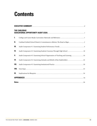 contents
             ExEcutivE Summary......................................................................................................................................v

             thE carlSBad
             Educational opportunity audit (Eoa).............................................................................................. 1

             i.         College.and.Career-Ready.Curriculum:.Rationale.and.Relevance..............................................................1

             ii.        Carlsbad.Unified.School.District’s.Commitment.to.Reform:.The.Road.to.Rigor.........................................2

             iii.       Audit.Component.#1:.Examining.Student.Performance.Trends................................................................4

             iv.        Audit.Component.#2:.Examining.Students’.Journeys.Through.High.School.........................................10

             v.         Audit.Component.#3:.Examining.School.Organization.of.Teaching.and.Learning...............................18

             vi.        Audit.Component.#4:.Examining.Attitudes.and.Beliefs.of.Key.Stakeholders.........................................24

             vii:       Audit.Component.#5:.Examining.Institutional.Practice..........................................................................30

             viii.      Next.Steps....................................................................................................................................................33

             ix.        Implications.for.Blueprint..........................................................................................................................34

             appEndicES.......................................................................................................................................................36

             notes.......................................................................................................................................................................38




The educaTion TrusT–wesT | carlSBad | March 2010                                                                                                                                              iii
 