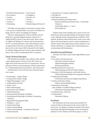 kooSH.World.History/Cultures.   kooTrans.Eng.1B                     lo Introduction.to.Computer.Applications.
kooSH.Geometry.                 kooSH.Algebra.1                     lo MS.Office.XP
kooGenetics.                    kooSpanish.5.AP                     lo Web.Page.Construction
kooFrench.4.AP.                 kooFrench.3                         lo Business.Marketing.and.Student.Store.
kooGerman.1.                    kooGerman.2                              Ko Business.Marketing.and.Student.Store.–Community.
kooFilmmaking.                  kooBiotechnology.Lab.Science.H              Classroom
                                                                         Ko Small.Engine.Repair.1,.2,.and.3
    CHS.offers.very.few.support.or.intervention.courses..There.          Ko Work.Experience
is.one.section.of.CAHSEE.Math,.one.section.of.CAHSEE.Lan-
guage,.and.one.section.of.Language.Arts.Support.                       Analysis.of.the.master.schedule.and.a.survey.on.CTE.com-
    CHS.has.a.small.population.of.ELLs.and.offers.very.few.         pleted.by.the.district.provided.additional.information.about.
sheltered.or.specially.designed.academic.instruction.in.            course.offerings.and.the.existing.pathways.available.to.CHS.
English.(SDAIE).courses.to.meet.their.needs..These.courses.         students..Responses.offered.details.about.certain.course.offer-
are.Algebra.1B,.Biology,.U.S..History,.and.Government/Eco-          ings.as.well.as.participation.rates.in.courses.and.pathways..It.
nomics..As.mentioned.earlier,.many.other.sheltered.courses.         remains.unclear.what.opportunities.exist.for.students.to.earn.
are.approved.by.UCOP.but.are.unavailable.at.CHS..Given.             formal.certification.or.complete.other.culminating.projects.
that.no.ELLs.in.the.Class.of.2009.achieved.UC/CSU.eligibil-         to.demonstrate.skill.development..
ity,.offering.college-prep.level.courses.to.these.students.could.
lead.to.more.of.them.completing.the.full.A-G.sequence.              available courses/Pathways
                                                                        Currently,.CHS.offers.courses.within.eight.different.career.
career Technical education                                          clusters:.
   ETW.identified.six.possible.career.pathways.with.a.definite.     lo Arts,.Media,.and.Entertainment
course-taking.sequence..Of.the.six,.four.offer.at.least.one.             Ko Television.Production.Pathway
higher.level.course.that.meets.the.A-G.requirements..The.two.            Ko Digital.Photography.Pathway
pathways.without.courses.meeting.any.of.these.requirements.              Ko Broadcasting.Pathway
are.“Cabinetmaking.and.Wood.Products”.and.“Automotive.”             lo Building.Trades.and.Construction
   The.following.is.a.list.of.all.CHS.Career.Technical.Educa-            Ko Cabinetmaking.and.Wood.Products.Pathway
tion.courses:.                                                      lo Education,.Child.Development,.and.Family.Services
                                                                         Ko Child.Development/Child.Care.Occupations.Pathway
lo Broadcasting. Graphic.Design                                     lo Engineering.and.Design
lo Computerized.Graphic.Design                                           Ko Architectural.and.Structural.Engineering.Pathway
lo Digital.Photography.1.and.2                                      lo Fashion.and.Interior.Design
lo Multimedia.for.the.Web                                                Ko Fashion.Merchandising.Pathway
lo Wood.1.and.2                                                     lo Information.Technology..
lo ROP.Cabinetmaking                                                   (also.available.at.Carlsbad.village.Academy)
lo ROP.Careers.with.Children.                                            Ko Information.Technology.Pathway.
lo Child.Development                                                lo Marketing,.Sales,.and.Service
lo Developmental.Psychology.of.Children                             lo Transportation..         .
lo Developmental.Psychology.of.Children–Community.                       Ko Automotive.Pathway
   Classroom
lo Responsible.Parenting/Life.Skills                                enrollment
lo Drafting.1,.2,.and.3                                                The.information.from.the.surveys.also.provided.CTE.
lo Architectural.Design                                             course-enrollment.information.for.the.current.(2009-10).
lo Fashion.Merchandising.                                           school.year..According.to.enrollment.estimates,.Information.
lo Fashion.Merchandising.–.Community.Classroom.                     Technology.and.Digital.Photography.are.the.most.popular.
lo virtual.Enterprise                                               pathways.at.CHS..Students.of.all.ethnic.groups,.as.well.as.



The educaTion TrusT–wesT | carlSBad | March 2010                                                                                 21
 