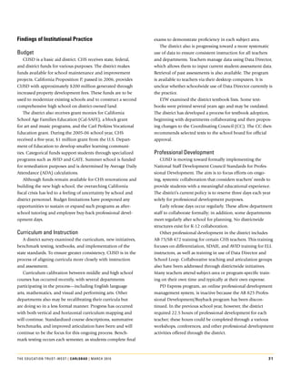 Findings of institutional practice                                 exams.to.demonstrate.proficiency.in.each.subject.area.
                                                                       The.district.also.is.progressing.toward.a.more.systematic.
Budget                                                             use.of.data.to.ensure.consistent.instruction.for.all.teachers.
    CUSD.is.a.basic.aid.district..CHS.receives.state,.federal,.    and.departments..Teachers.manage.data.using.Data.Director,.
and.district.funds.for.various.purposes..The.district.makes.       which.allows.them.to.input.current.student-assessment.data..
funds.available.for.school.maintenance.and.improvement.            Retrieval.of.past.assessments.is.also.available..The.program.
projects..California.Proposition.P,.passed.in.2006,.provides.      is.available.to.teachers.via.their.desktop.computers..It.is.
CUSD.with.approximately.$200.million.generated.through.            unclear.whether.schoolwide.use.of.Data.Director.currently.is.
increased.property.development.fees..These.funds.are.to.be.        the.practice..
used.to.modernize.existing.schools.and.to.construct.a.second.          ETW.examined.the.district.textbook.lists..Some.text-
comprehensive.high.school.on.district-owned.land..                 books.were.printed.several.years.ago.and.may.be.outdated..
    The.district.also.receives.grant.monies.for.California.        The.district.has.developed.a.process.for.textbook.adoption,.
School.Age.Families.Education.(Cal-SAFE),.a.block.grant.           beginning.with.departments.collaborating.and.then.propos-
for.art.and.music.programs,.and.the.Carl.Perkins.vocational.       ing.changes.to.the.Coordinating.Council.(CC)..The.CC.then.
Education.grant..During.the.2005-06.school.year,.CHS.              recommends.selected.texts.to.the.school.board.for.official.
received.a.five-year,.$1.million.grant.from.the.U.S..Depart-       approval.
ment.of.Education.to.develop.smaller.learning.communi-
ties..Categorical.funds.support.students.through.specialized.      Professional development
programs.such.as.AvID.and.GATE..Summer.school.is.funded.              CUSD.is.moving.toward.formally.implementing.the.
for.remediation.purposes.and.is.determined.by.Average.Daily.       National.Staff.Development.Council.Standards.for.Profes-
Attendance.(ADA).calculations.                                     sional.Development..The.aim.is.to.focus.efforts.on.ongo-
    Although.funds.remain.available.for.CHS.renovations.and.       ing,.systemic.collaboration.that.considers.teachers’.needs.to.
building.the.new.high.school,.the.overarching.California.          provide.students.with.a.meaningful.educational.experience..
fiscal.crisis.has.led.to.a.feeling.of.uncertainty.by.school.and.   The.district’s.current.policy.is.to.reserve.three.days.each.year.
district.personnel..Budget.limitations.have.postponed.any.         solely.for.professional.development.purposes..
opportunities.to.sustain.or.expand.such.programs.as.after-            Early.release.days.occur.regularly..These.allow.department.
school.tutoring.and.employee.buy-back.professional.devel-          staff.to.collaborate.formally;.in.addition,.some.departments.
opment.days.                                                       meet.regularly.after.school.for.planning..No.districtwide.
                                                                   structures.exist.for.K-12.collaboration..
curriculum and instruction                                            Other.professional.development.in.the.district.includes.
   A.district.survey.examined.the.curriculum,.new.initiatives,.    AB.75/SB.472.training.for.certain.CHS.teachers..This.training.
benchmark.testing,.textbooks,.and.implementation.of.the.           focuses.on.differentiation,.SDAIE,.and.AvID.training.for.ELL.
state.standards..To.ensure.greater.consistency,.CUSD.is.in.the.    instructors,.as.well.as.training.in.use.of.Data.Director.and.
process.of.aligning.curricula.more.closely.with.instruction.       School.Loop..Collaborative.teaching.and.articulation.groups.
and.assessment..                                                   also.have.been.addressed.through.districtwide.initiatives..
   Curriculum.calibration.between.middle.and.high.school.          Many.teachers.attend.subject-area.or.program-specific.train-
courses.has.occurred.recently,.with.several.departments.           ing.on.their.own.time.and.typically.at.their.own.expense.
participating.in.the.process—including.English.language.              PD.Express.program,.an.online.professional.development.
arts,.mathematics,.and.visual.and.performing.arts..Other.          management.system,.is.inactive.because.the.AB.825.Profes-
departments.also.may.be.recalibrating.their.curricula.but.         sional.Development/Buyback.program.has.been.discon-
are.doing.so.in.a.less.formal.manner..Progress.has.occurred.       tinued..In.the.previous.school.year,.however,.the.district.
with.both.vertical.and.horizontal.curriculum.mapping.and.          required.22.5.hours.of.professional.development.for.each.
will.continue..Standardized.course.descriptions,.summative.        teacher;.these.hours.could.be.completed.through.a.various.
benchmarks,.and.improved.articulation.have.been.and.will.          workshops,.conferences,.and.other.professional.development.
continue.to.be.the.focus.for.this.ongoing.process..Bench-          activities.offered.through.the.district.
mark.testing.occurs.each.semester,.as.students.complete.final.



The educaTion TrusT–wesT | carlSBad | March 2010                                                                                31
 