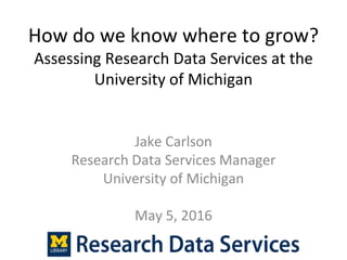 How do we know where to grow?
Assessing Research Data Services at the
University of Michigan
Jake Carlson
Research Data Services Manager
University of Michigan
May 5, 2016
 