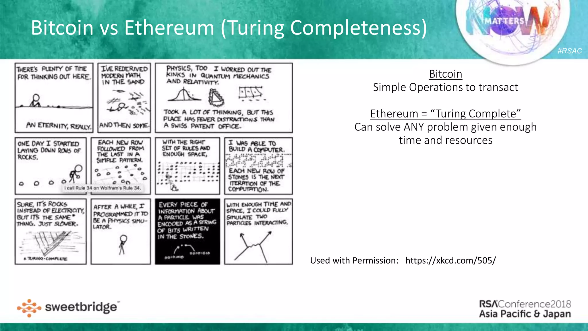 #RSAC
Bitcoin
Simple Operations to transact
Ethereum = “Turing Complete”
Can solve ANY problem given enough
time and resources
Bitcoin vs Ethereum (Turing Completeness)
Used with Permission: https://xkcd.com/505/
 