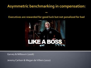 Asymmetric benchmarking in compensation: ~Executives are rewarded for good luck but not penalized for bad Garvey & Milbourn (2006) Jeremy Carlson & Megan de Villiers (2010) 