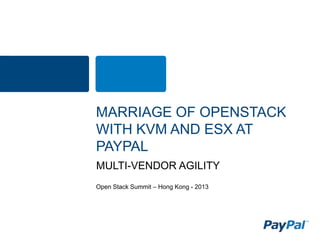 MARRIAGE OF OPENSTACK
WITH KVM AND ESX AT
PAYPAL
MULTI-VENDOR AGILITY
Open Stack Summit – Hong Kong - 2013

 