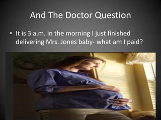 And The Doctor Question
• It is 3 a.m. in the morning I just finished
delivering Mrs. Jones baby- what am I paid?

 