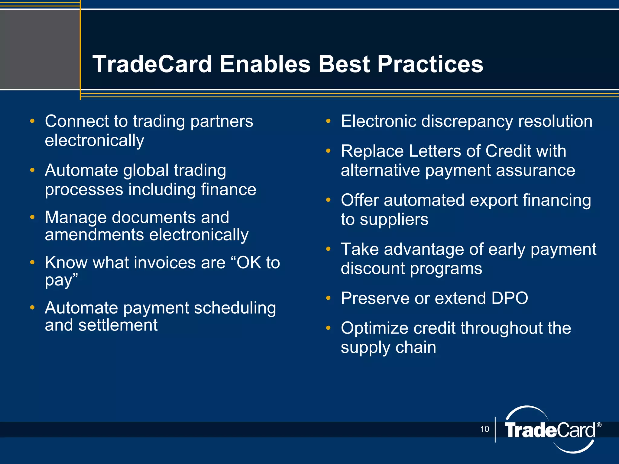 TradeCard Enables Best Practices Connect to trading partners electronically Automate global trading processes including finance Manage documents and amendments electronically Know what invoices are “OK to pay” Automate payment scheduling and settlement Electronic discrepancy resolution Replace Letters of Credit with alternative payment assurance Offer automated export financing to suppliers Take advantage of early payment discount programs Preserve or extend DPO Optimize credit throughout the supply chain 