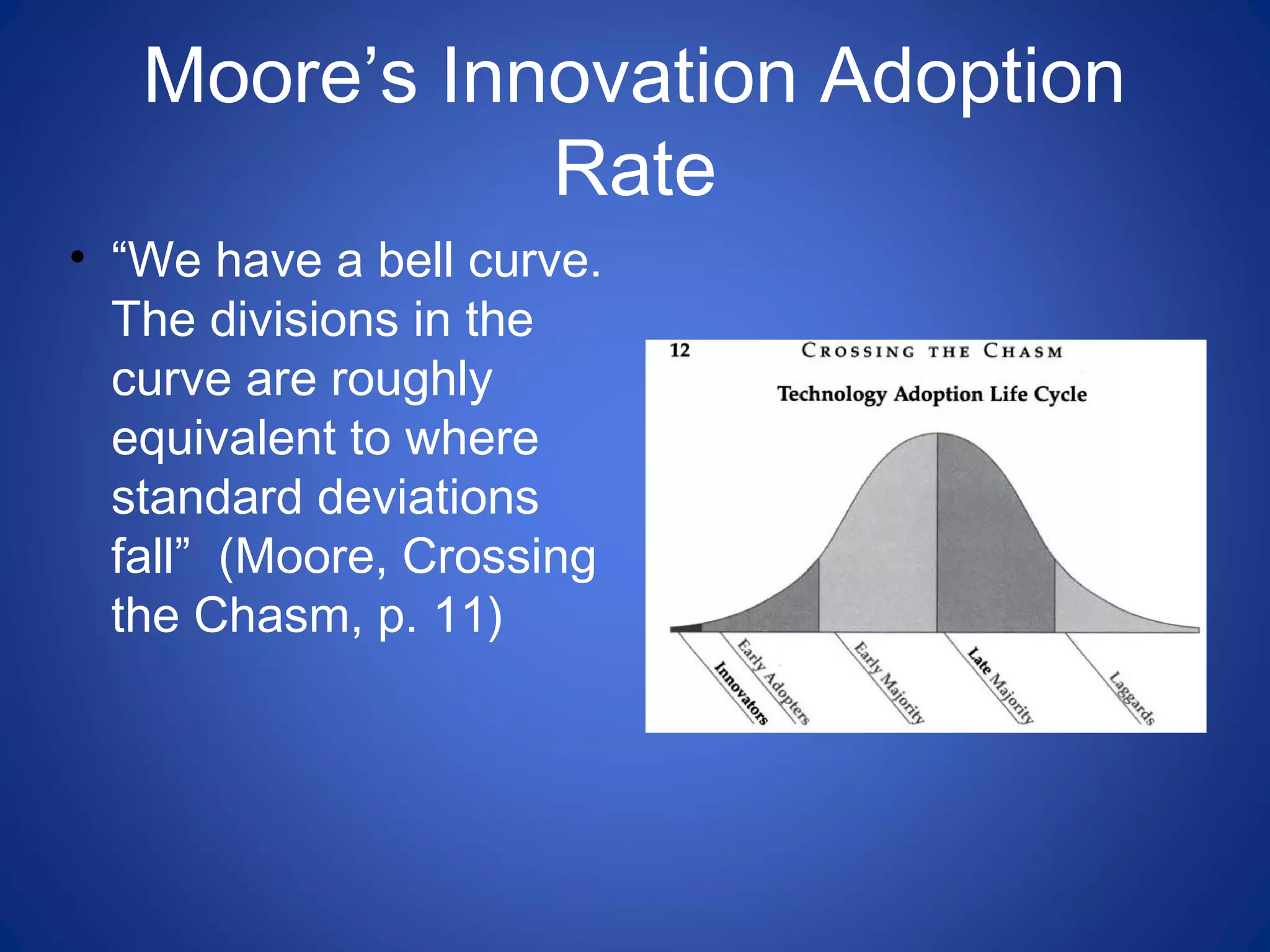 Moore’s Innovation Adoption
Rate
• “We have a bell curve.
The divisions in the
curve are roughly
equivalent to where
standard deviations
fall” (Moore, Crossing
the Chasm, p. 11)
 