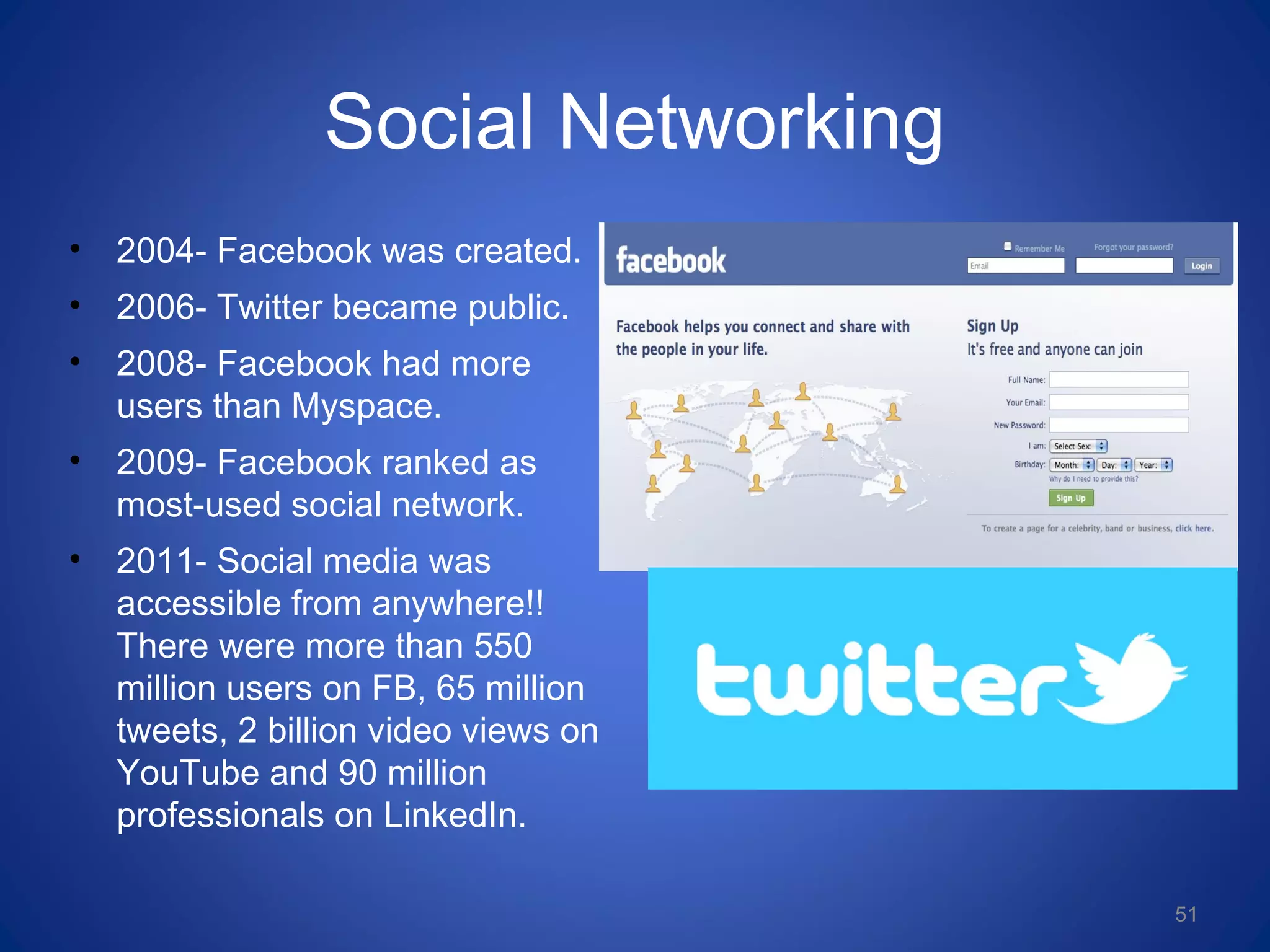 Social Networking
• 2004- Facebook was created.
• 2006- Twitter became public.
• 2008- Facebook had more
users than Myspace.
• 2009- Facebook ranked as
most-used social network.
• 2011- Social media was
accessible from anywhere!!
There were more than 550
million users on FB, 65 million
tweets, 2 billion video views on
YouTube and 90 million
professionals on LinkedIn.
51
 