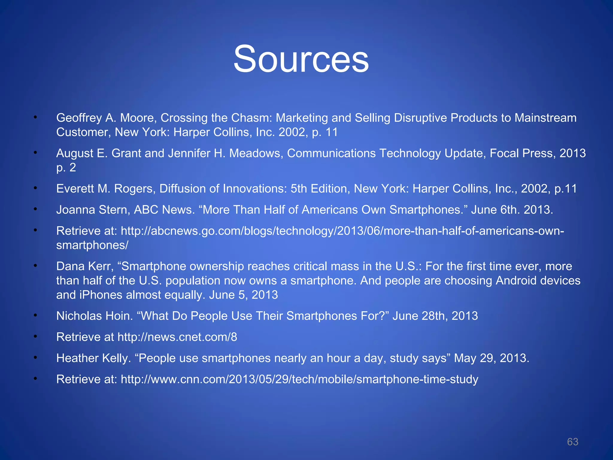 Sources
• Geoffrey A. Moore, Crossing the Chasm: Marketing and Selling Disruptive Products to Mainstream
Customer, New York: Harper Collins, Inc. 2002, p. 11
• August E. Grant and Jennifer H. Meadows, Communications Technology Update, Focal Press, 2013
p. 2
• Everett M. Rogers, Diffusion of Innovations: 5th Edition, New York: Harper Collins, Inc., 2002, p.11
• Joanna Stern, ABC News. “More Than Half of Americans Own Smartphones.” June 6th. 2013.
• Retrieve at: http://abcnews.go.com/blogs/technology/2013/06/more-than-half-of-americans-own-
smartphones/
• Dana Kerr, “Smartphone ownership reaches critical mass in the U.S.: For the first time ever, more
than half of the U.S. population now owns a smartphone. And people are choosing Android devices
and iPhones almost equally. June 5, 2013
• Nicholas Hoin. “What Do People Use Their Smartphones For?” June 28th, 2013
• Retrieve at http://news.cnet.com/8
• Heather Kelly. “People use smartphones nearly an hour a day, study says” May 29, 2013.
• Retrieve at: http://www.cnn.com/2013/05/29/tech/mobile/smartphone-time-study
63
 