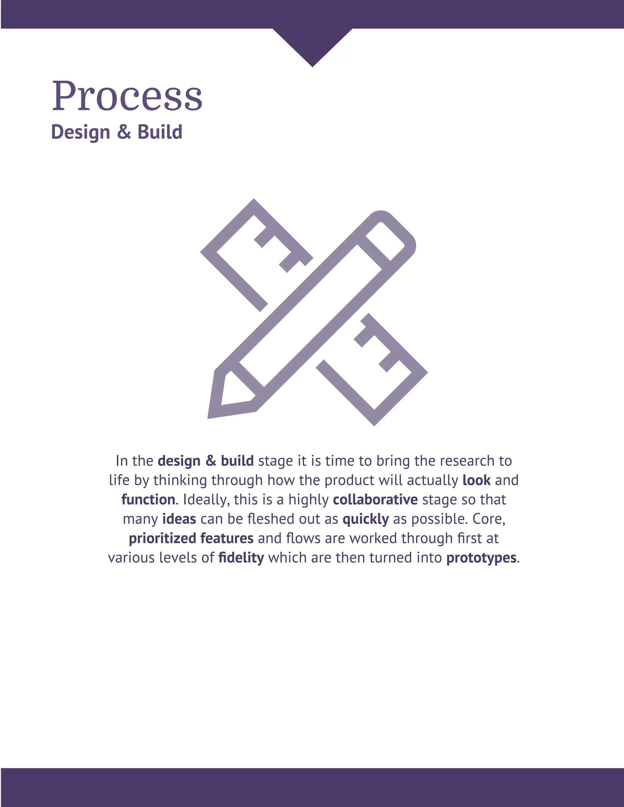 Process
Design & Build
In the design & build stage it is time to bring the research to
life by thinking through how the product will actually look and
function. Ideally, this is a highly collaborative stage so that
many ideas can be ﬂeshed out as quickly as possible. Core,
prioritized features and ﬂows are worked through ﬁrst at
various levels of ﬁdelity which are then turned into prototypes.
 