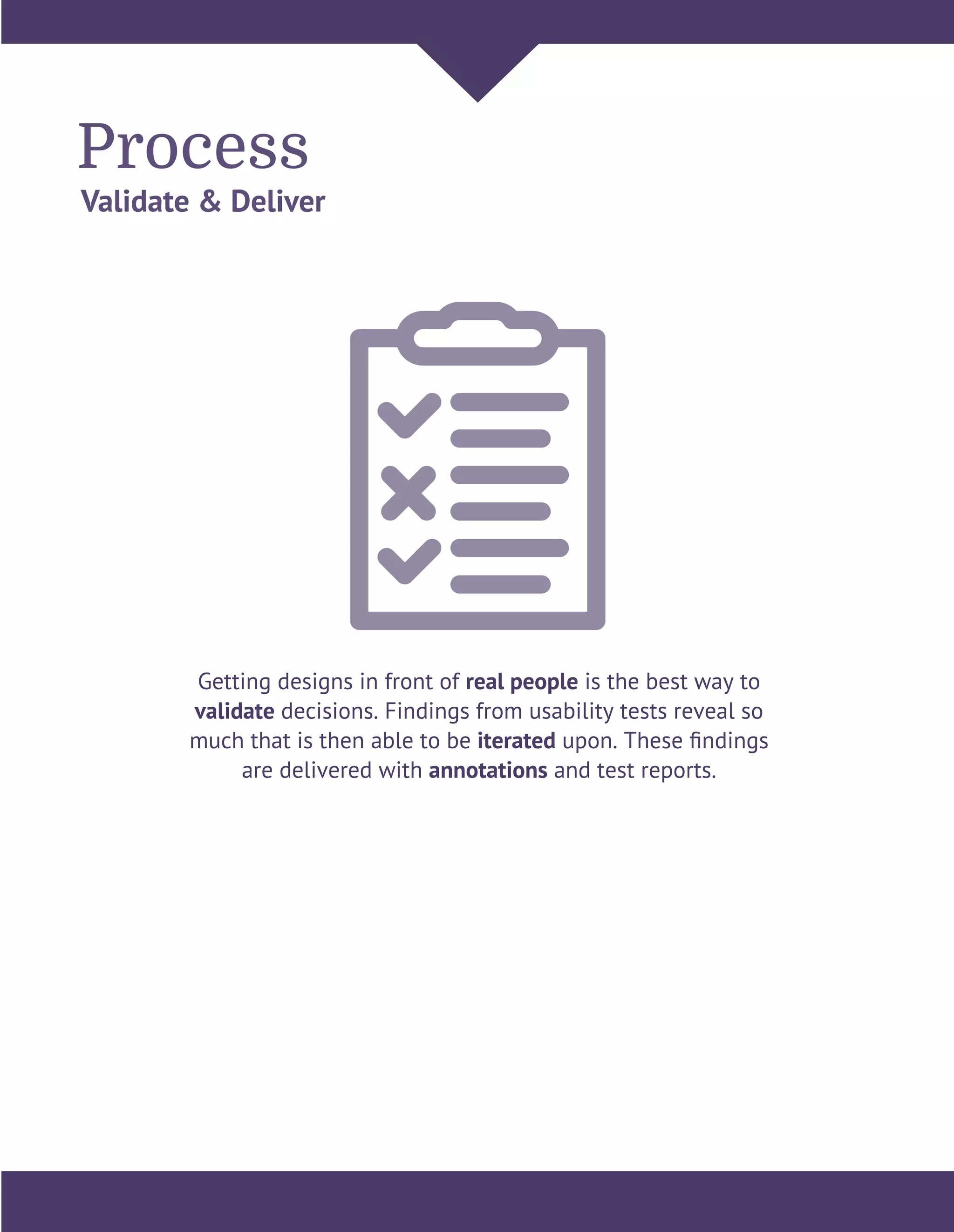 Process
Validate & Deliver
Getting designs in front of real people is the best way to
validate decisions. Findings from usability tests reveal so
much that is then able to be iterated upon. These ﬁndings
are delivered with annotations and test reports.
 