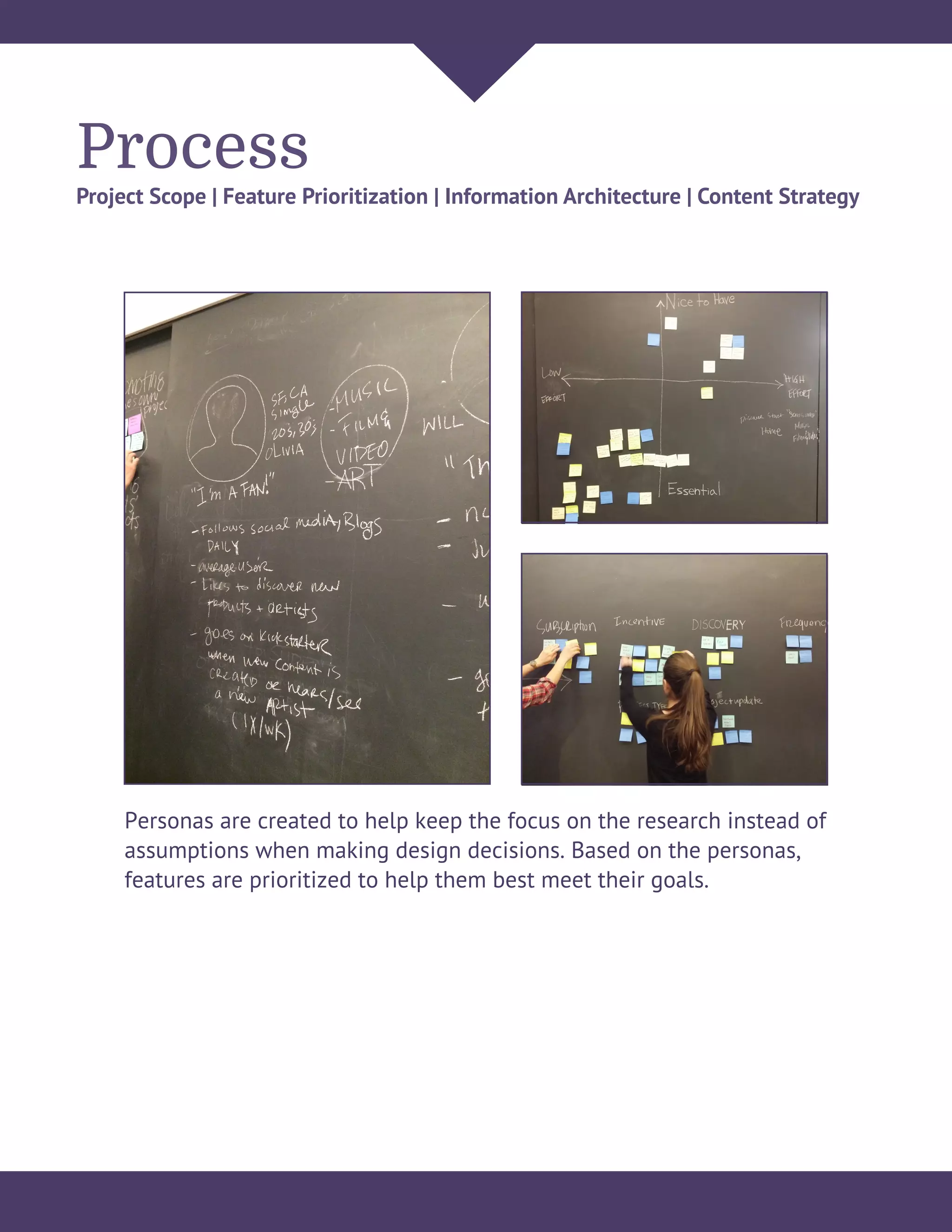 Process
Project Scope | Feature Prioritization | Information Architecture | Content Strategy
Personas are created to help keep the focus on the research instead of
assumptions when making design decisions. Based on the personas,
features are prioritized to help them best meet their goals.
 