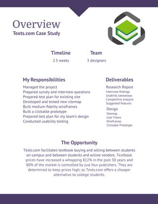 Overview
Texts.com Case Study
2.5 weeks 3 designers
Timeline Team
Managed the project
Prepared survey and interview questions
Prepared test plan for existing site
Developed and tested new sitemap
Built medium ﬁdelity wireframes
Built a clickable prototype
Prepared test plan for my team’s design
Conducted usability testing
My Responsibilities
Research Report
Interview ﬁndings
Usability takeaways
Competitive analysis
Suggested features
Design
Sitemap
User Flows
Wireframes
Clickable Prototype
Deliverables
Texts.com facilitates textbook buying and selling between students
on campus and between students and online vendors. Textbook
prices have increased a whopping 812% in the past 30 years and
80% of the market is controlled by just four publishers. They are
determined to keep prices high, so Texts.com offers a cheaper
alternative to college students.
The Opportunity
 