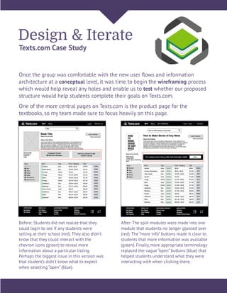 Design & Iterate
Texts.com Case Study
Once the group was comfortable with the new user ﬂows and information
architecture at a conceptual level, it was time to begin the wireframing process
which would help reveal any holes and enable us to test whether our proposed
structure would help students complete their goals on Texts.com.
One of the more central pages on Texts.com is the product page for the
textbooks, so my team made sure to focus heavily on this page.
Before: Students did not realize that they
could login to see if any students were
selling at their school (red). They also didn’t
know that they could interact with the
chevron icons (green) to reveal more
information about a particular listing.
Perhaps the biggest issue in this version was
that student’s didn’t know what to expect
when selecting “open” (blue).
After: The split modules were made into one
module that students no longer glanced over
(red). The “more info” buttons made it clear to
students that more information was available
(green). Finally, more appropriate terminology
replaced the vague “open” buttons (blue) that
helped students understand what they were
interacting with when clicking there.
 