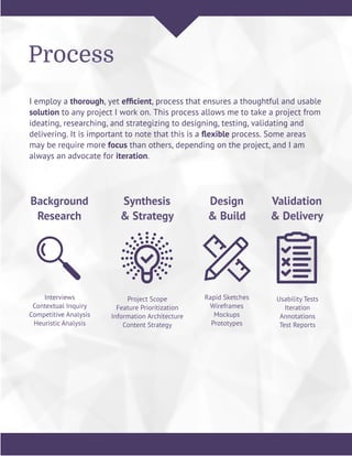 Process
I employ a thorough, yet efﬁcient, process that ensures a thoughtful and usable
solution to any project I work on. This process allows me to take a project from
ideating, researching, and strategizing to designing, testing, validating and
delivering. It is important to note that this is a ﬂexible process. Some areas
may be require more focus than others, depending on the project, and I am
always an advocate for iteration.
Background
Research
Interviews
Contextual Inquiry
Competitive Analysis
Heuristic Analysis
Synthesis
& Strategy
Project Scope
Feature Prioritization
Information Architecture
Content Strategy
Design
& Build
Rapid Sketches
Wireframes
Mockups
Prototypes
Validation
& Delivery
Usability Tests
Iteration
Annotations
Test Reports
 