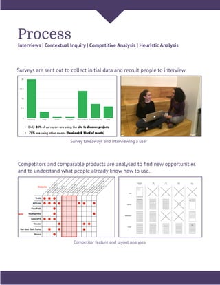 Process
Interviews | Contextual Inquiry | Competitive Analysis | Heuristic Analysis
Surveys are sent out to collect initial data and recruit people to interview.
Competitors and comparable products are analysed to ﬁnd new opportunities
and to understand what people already know how to use.
Trail Search
Results
Trail
Proﬁle
Photo
Feed
User
Proﬁle
Trail
Reviews
Trails
AllTrails
MyMapHike
Yonder
Survey takeaways and interviewing a user
Competitor feature and layout analyses
 