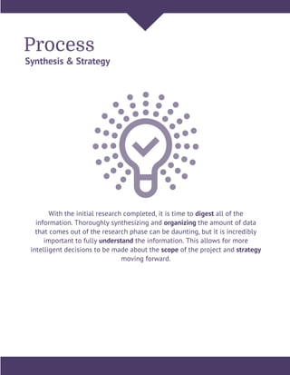Process
Synthesis & Strategy
With the initial research completed, it is time to digest all of the
information. Thoroughly synthesizing and organizing the amount of data
that comes out of the research phase can be daunting, but it is incredibly
important to fully understand the information. This allows for more
intelligent decisions to be made about the scope of the project and strategy
moving forward.
 
