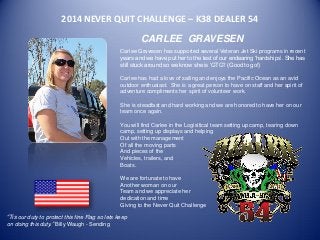 2014 NEVER QUIT CHALLENGE – K38 DEALER 54 
CARLEE GRAVESEN 
Carlee Gravesen has supported several Veteran Jet Ski programs in recent years and we have put her to the test of our endearing ‘hardships’. She has still stuck around so we know she is ‘GTG’! (Good to go!) 
Carlee has had a love of sailing and enjoys the Pacific Ocean as an avid outdoor enthusiast. She is a great person to have on staff and her spirit of adventure compliments her spirit of volunteer work. 
She is steadfast and hard working and we are honored to have her on our team once again. 
You will find Carlee in the Logisitical team setting up camp, tearing down camp, setting up displays and helping 
Out with the management 
Of all the moving parts 
And pieces of the 
Vehicles, trailers, and 
Boats. 
We are fortunate to have 
Another woman on our 
Team and we appreciate her 
dedication and time 
Giving to the Never Quit Challenge 
“Tis our duty to protect this fine Flag so lets keep on doing this duty.” Billy Waugh - Sending 
