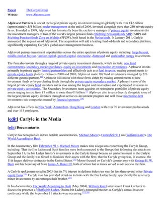 Parent         The Carlyle Group
Website        www.AlpInvest.com

AlpInvest Partners is one of the largest private equity investment managers globally with over €42 billion
(approximately $55 billion) under management at the end of 2009, invested alongside more than 250 private equity
firms. Founded in 1999, AlpInvest has historically been the exclusive manager of private equity investments for
the investment managers of two of the world's largest pension funds Stichting Pensioenfonds ABP (ABP) and
Stichting Pensioenfonds Zorg en Welzijn (PFZW), both based in the Netherlands. In January 2011, Carlyle
announced the acquisition of AlpInvest. The acquisition will add a leading fund-of-funds and secondary platform,
significantly expanding Carlyle's global asset management business.

AlpInvest pursues investment opportunities across the entire spectrum of private equity including: large buyout,
middle-market buyout, venture capital, growth capital, mezzanine, distressed and sustainable energy investments.

The firm also invests through a range of private equity investment channels, which include: new fund
commitments, secondary market purchases, equity co-investments and mezzanine investments. AlpInvest invests
primarily in private equity limited partnerships and effectively acts as a fund investor, making commitments to
private equity funds globally. Between 2000 and 2010, AlpInvest made 389 fund investments managed by 226
different general partners.[2] AlpInvest will invest with these firms either by making commitments to new
investment funds or by purchasing funds through the private equity secondary market. AlpInvest is one of the
largest private equity fund investors and is also among the largest and most active and experienced investors in
private equity secondaries. The Secondary Investments team acquires or restructures portfolios of private equity
assets ranging in size from €1 million to more than €1 billion. [2] AlpInvest also invests directly alongside some of
the largest private equity investors through an active co-investment program and will make mezzanine debt
investments into companies owned by financial sponsors.[34]

AlpInvest has offices in New York, Amsterdam, Hong Kong and London with over 70 investment professionals
and over 115 employees.

[edit] Carlyle in the Media
[edit] Documentaries

Carlyle has been profiled in two notable documentaries, Michael Moore's Fahrenheit 911 and William Karel's The
World According to Bush.

In the documentary film Fahrenheit 911, Michael Moore makes nine allegations concerning the Carlyle Group,
including: That the Bin Laden and Bush families were both connected to the Group; that following the attacks on
September 11, the bin Laden family’s investments in the Carlyle Group became an embarrassment to the Carlyle
Group and the family was forced to liquidate their assets with the firm; that the Carlyle group was, in essence, the
11th largest defense contractor in the United States.[35] Moore focused on Carlyle's connections with George H. W.
Bush and his Secretary of State James A. Baker III, both of whom had at times served as advisors to the firm.

A Carlyle spokesman noted in 2003 that its 7% interest in defense industries was far less than several other Private
equity firms.[36] Carlyle also has provided detail on its links with the Bin Laden family, specifically the relatively
minor investments by an estranged half brother. [37]

In his documentary The World According to Bush (May 2004), William Karel interviewed Frank Carlucci to
discuss the presence of Shafiq bin Laden, Osama bin Laden's estranged brother, at Carlyle's annual investor
conference while the September 11 attacks were occurring. [37][38]
 