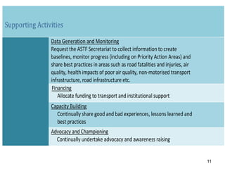 Supporting Activities
Data Generation and Monitoring
Request the ASTF Secretariat to collect information to create
baselines, monitor progress (including on Priority Action Areas) and
share best practices in areas such as road fatalities and injuries, air
quality, health impacts of poor air quality, non-motorised transport
infrastructure, road infrastructure etc.
Financing
Allocate funding to transport and institutional support
Capacity Building
Continually share good and bad experiences, lessons learned and
best practices
Advocacy and Championing
Continually undertake advocacy and awareness raising
Institutional Arrangements
11
 