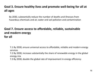 16
Goal 3. Ensure healthy lives and promote well-being for all at
all ages
By 2030, substantially reduce the number of deaths and illnesses from
hazardous chemicals and air, water and soil pollution and contamination
Goal 7. Ensure access to affordable, reliable, sustainable
and modern energy
for all
7.1 By 2030, ensure universal access to affordable, reliable and modern energy
services
7.2 By 2030, increase substantially the share of renewable energy in the global
energy mix
7.3 By 2030, double the global rate of improvement in energy efficiency
 