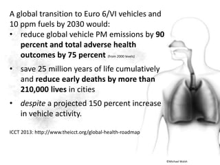 A global transition to Euro 6/VI vehicles and
10 ppm fuels by 2030 would:
• reduce global vehicle PM emissions by 90
percent and total adverse health
outcomes by 75 percent (from 2000 levels)
• save 25 million years of life cumulatively
and reduce early deaths by more than
210,000 lives in cities
• despite a projected 150 percent increase
in vehicle activity.
ICCT 2013: http://www.theicct.org/global-health-roadmap
©Michael Walsh
 