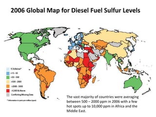 2006 Global Map for Diesel Fuel Sulfur Levels
The vast majority of countries were averaging
between 500 – 2000 ppm in 2006 with a few
hot spots up to 10,000 ppm in Africa and the
Middle East.
 