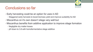Conclusions so far
• Early harvesting could be an option for uses in AD
• Staggered early harvests to boost biomass yield and improve suitability for AD
• Miscanthus on it’s own doesn’t silage very well but:
• Miscanthus benefits from additive application to improve silage formation
• Negligible dry matter losses
• pH down to 3.8 with homofermentative silage additive
 