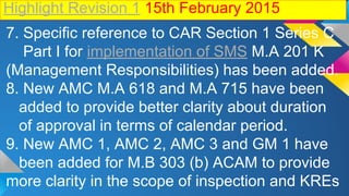 Highlight Revision 1 15th February 2015
7. Specific reference to CAR Section 1 Series C
Part I for implementation of SMS M.A 201 K
(Management Responsibilities) has been added.
8. New AMC M.A 618 and M.A 715 have been
added to provide better clarity about duration
of approval in terms of calendar period.
9. New AMC 1, AMC 2, AMC 3 and GM 1 have
been added for M.B 303 (b) ACAM to provide
more clarity in the scope of inspection and KREs
 